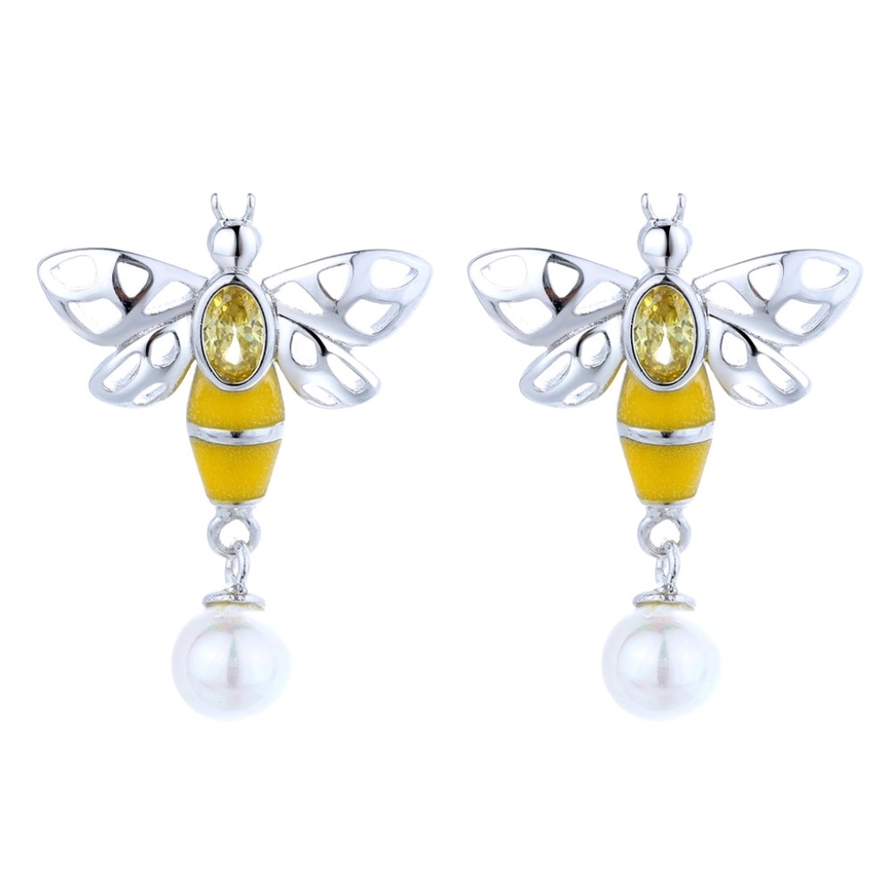 Silver Bee Earrings with Pearl & Crystals